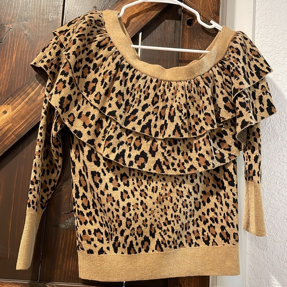 Frame One Side Shoulder Camel Multi Animal Print Ruffle Wool Blend Sweater Small - Picture 2 of 4